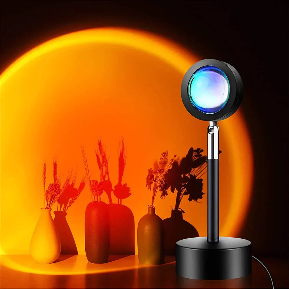 USB LED Sunset Projector Lamp, multiple color options, casts vibrant sunset glow on wall, ambiance lighting for home decor