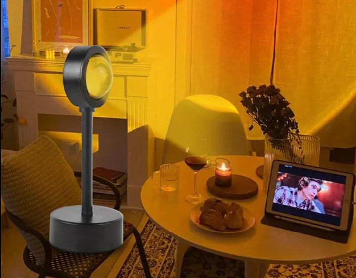 Stylish USB sunset lamp projecting a warm red-yellow gradient, perfect for creating a relaxing mood in a living room