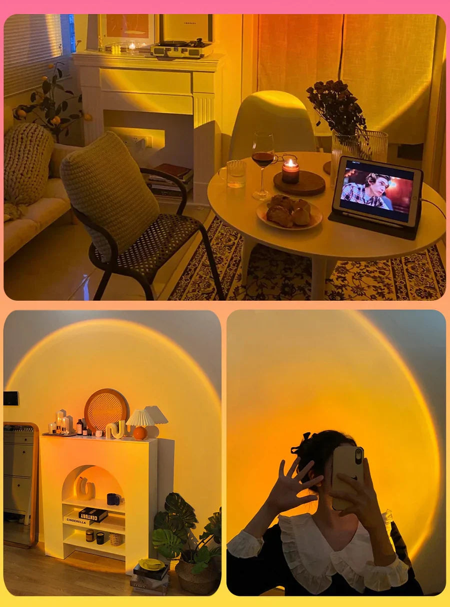 Ambient lighting from a USB LED sunset lamp, displaying a full spectrum of colors, enhancing any interior space