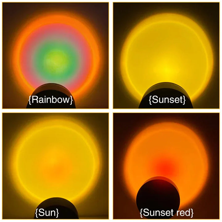 Portable USB sunset projector lamp on a desk, providing adjustable color options for a personalized mood and decor