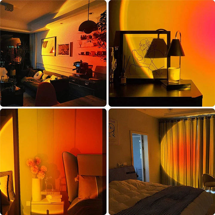 USB LED sunset lamp showcasing its ability to project diverse color combinations, from bright sunset to cool ocean tones