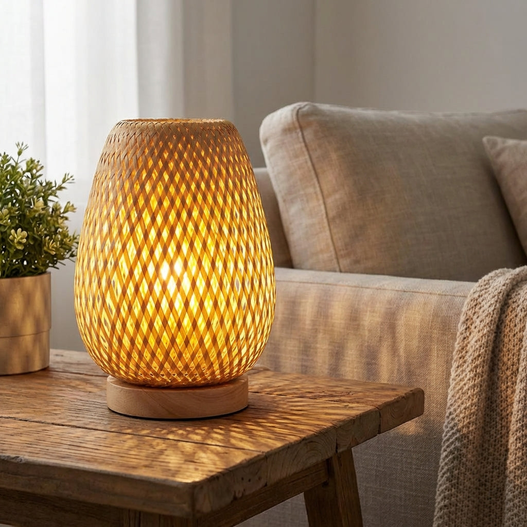 USB powered bamboo table lamp by Solivue, casting patterned light, perfect for desk or bedroom ambient lighting.