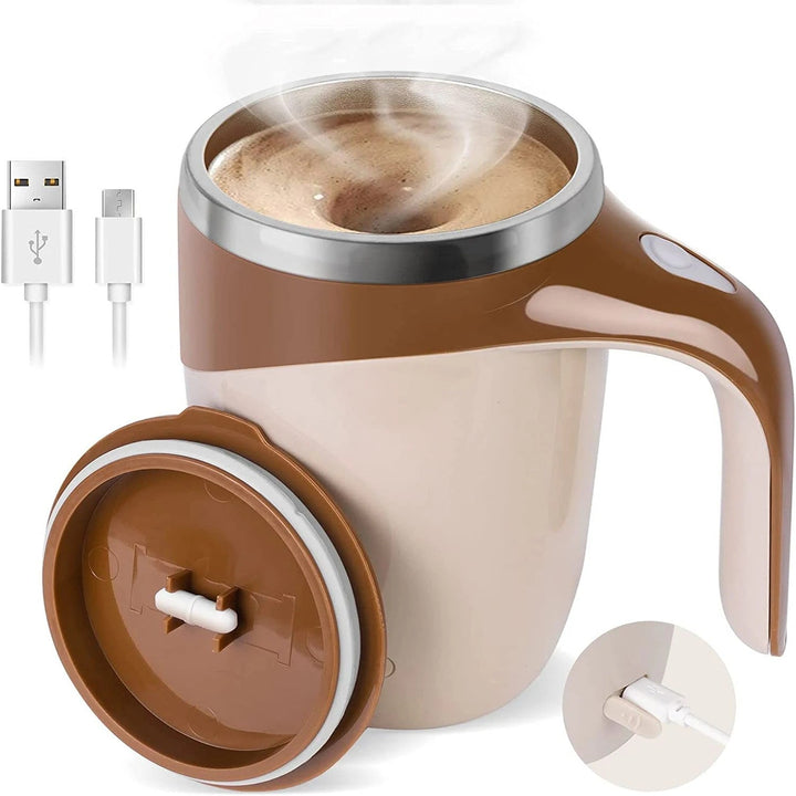 USB rechargeable automatic stirring coffee mug, magnetic mixer, stainless steel, perfect for travel or office.