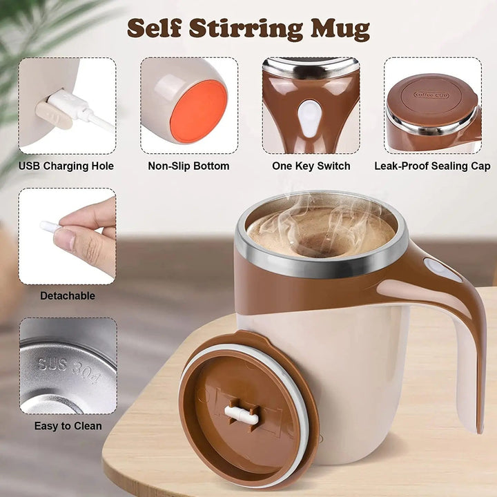 Rechargeable magnetic stirring mug, automatic protein shaker, drinkware gadget for quick mixing on the go.