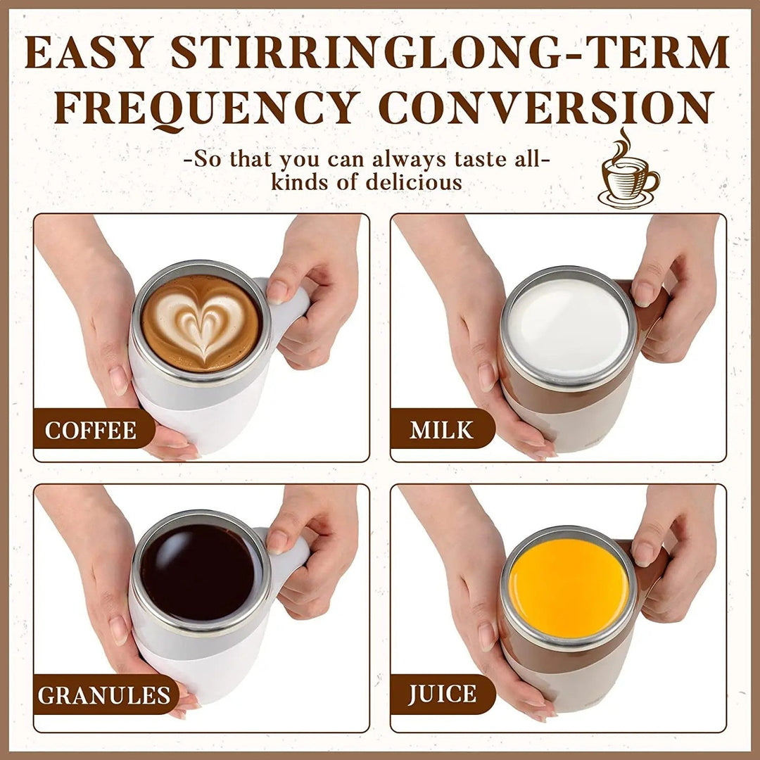 Stainless steel USB rechargeable stirring mug with magnetic mixer function, ideal automatic coffee or protein shaker.