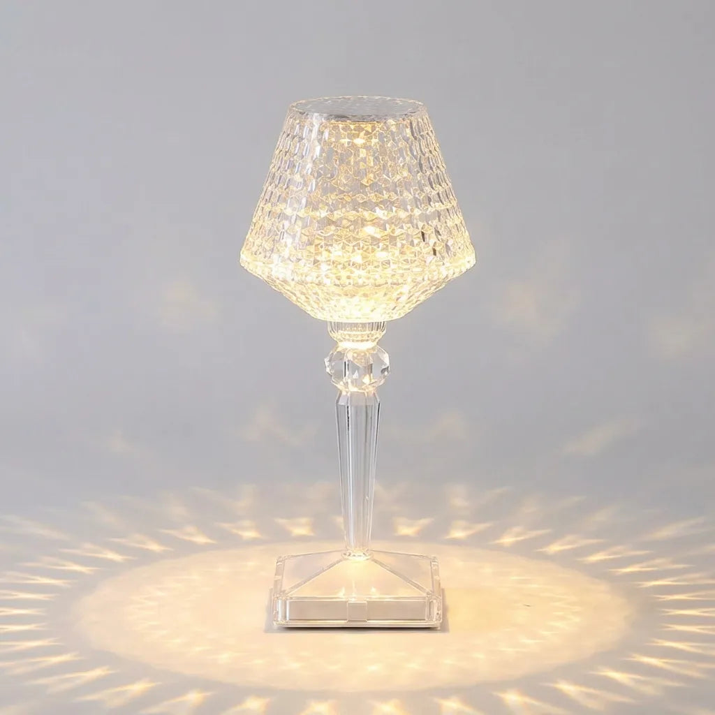 Cordless dimmable Crystalor lamp, emitting a warm glow, perfect for ambient lighting or as a night light.