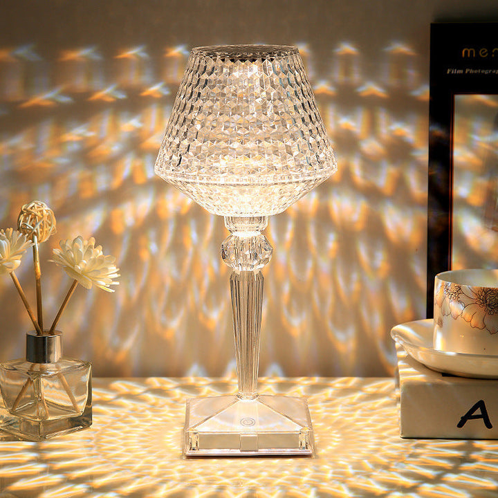 Crystal style table lamp with long-lasting battery, providing mood lighting and a decorative accent piece.