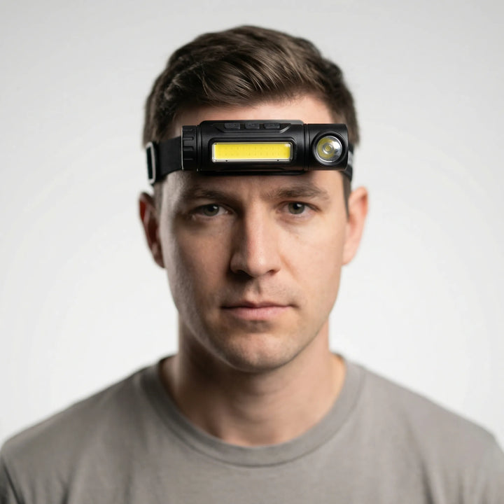 Bright LED headlamp, USB rechargeable. Essential hands-free outdoor gear for hiking, fishing & emergencies.