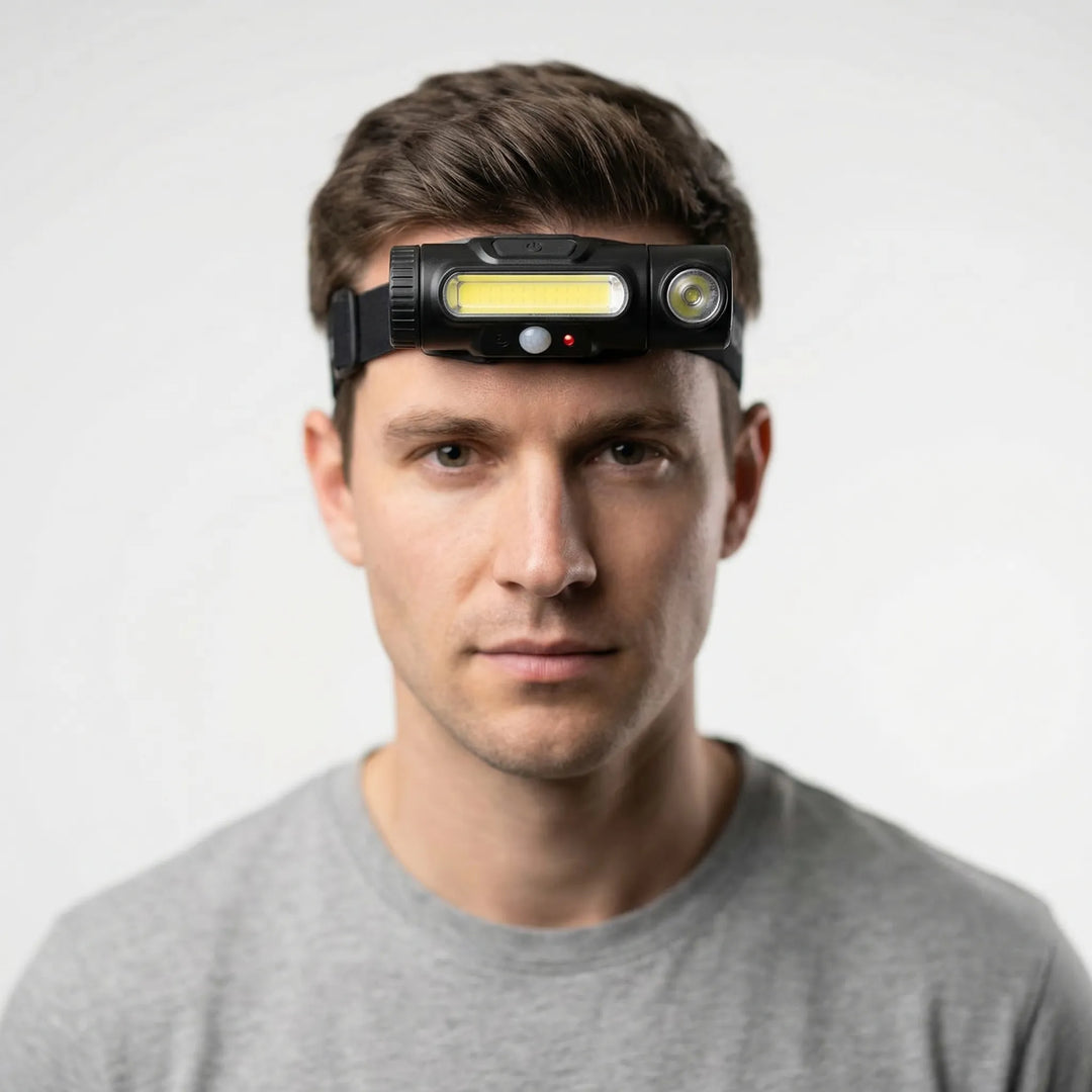 Compact USB rechargeable LED headlamp for ultimate hands-free convenience during outdoor activities & tasks.