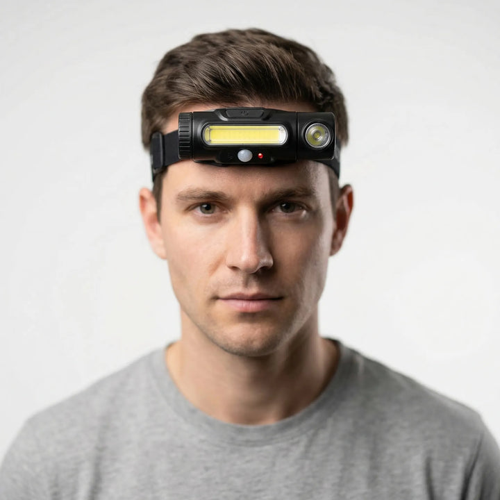 Compact USB rechargeable LED headlamp for ultimate hands-free convenience during outdoor activities & tasks.
