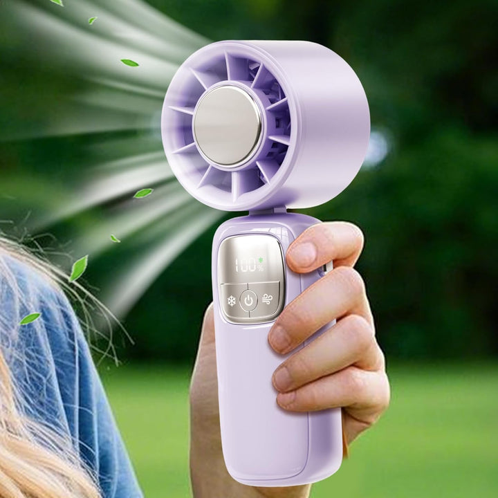 Stylish handheld fan, USB rechargeable, LED screen showing 100 speed levels