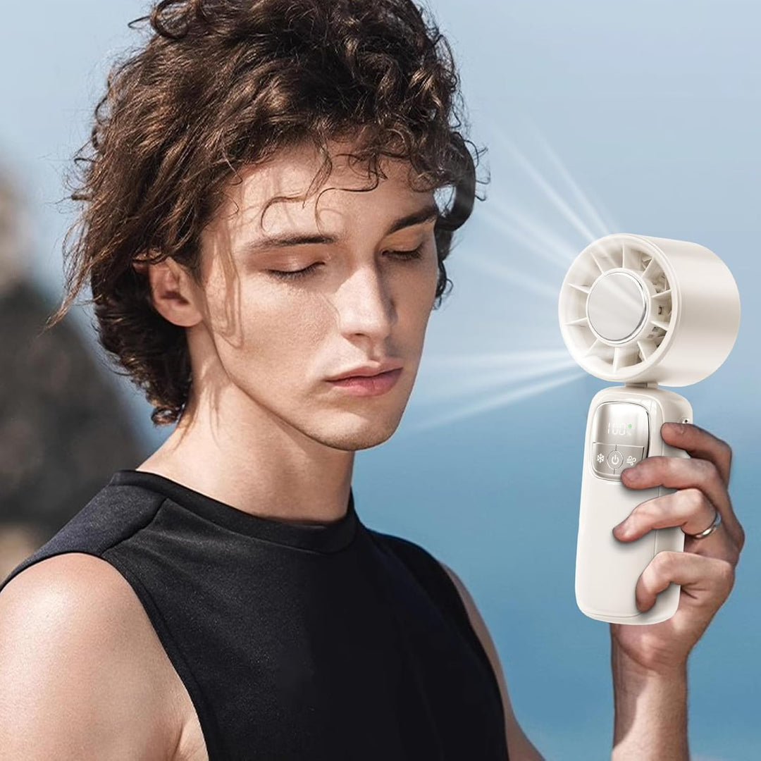 White foldable handheld fan with LED display, 100 speeds for ultimate cooling