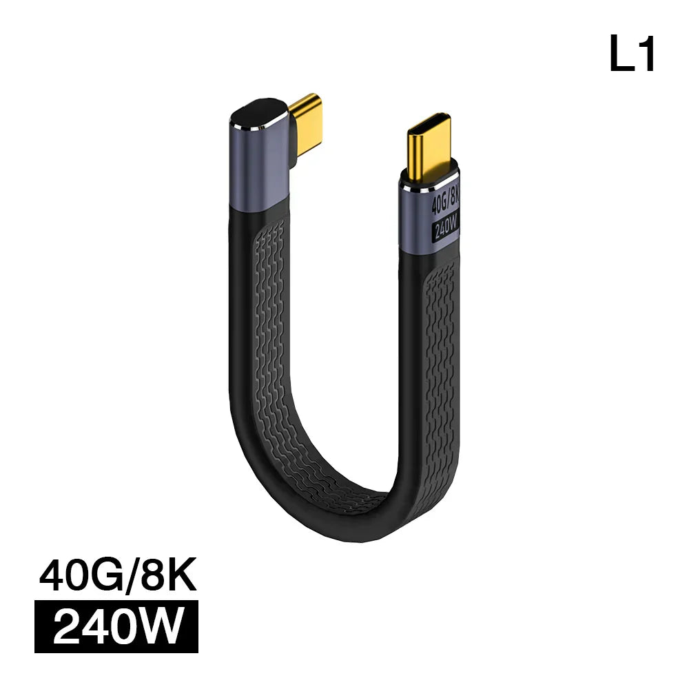 Angled USB-C cable, 40Gbps, 8K video, 240W power, ideal for tight spaces and device accessories