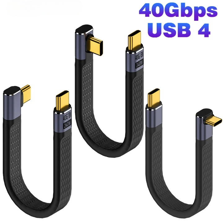 Right-angle USB-C to USB-C cable supporting 240W power, 40Gbps data, and 8K video