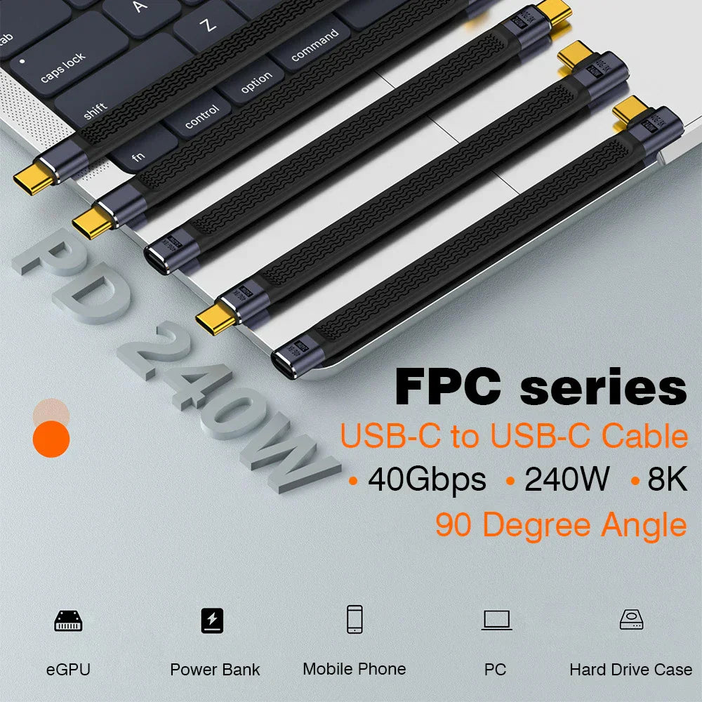 Close-up of USB4 elbow connector cable with reinforced braiding, 240W fast charge