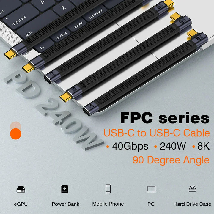 Close-up of USB4 elbow connector cable with reinforced braiding, 240W fast charge