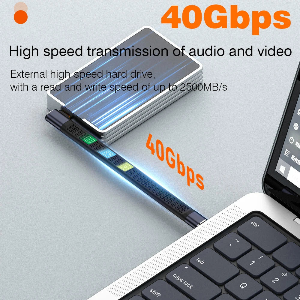 Two USB4 elbow connector cables, 240W, 40Gbps, 8K, shown connected to a monitor and laptop