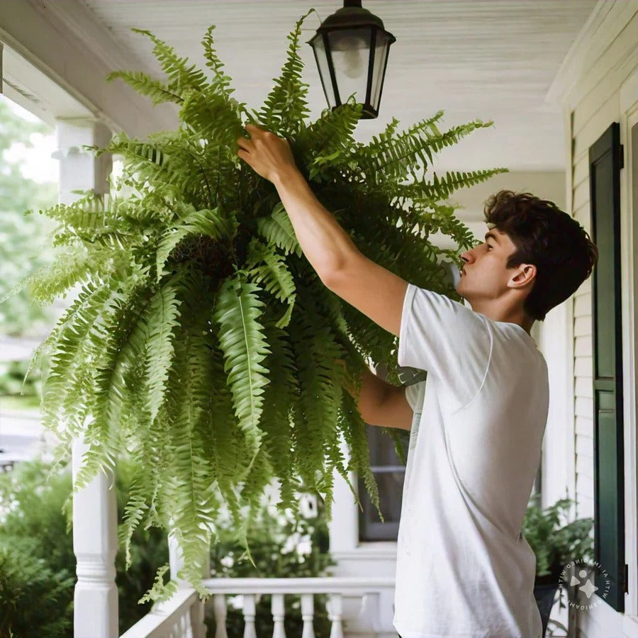 UV resistant artificial Boston fern, perfect for outdoor patios & garden decor. Lifelike fake plant for all seasons.