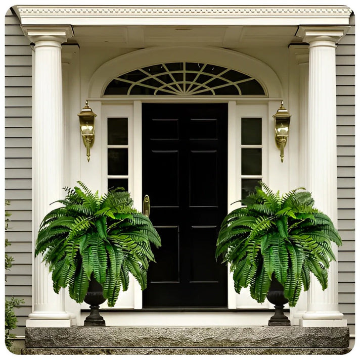 Low maintenance UV resistant artificial Boston fern. Enjoy lifelike outdoor/indoor greenery without watering.