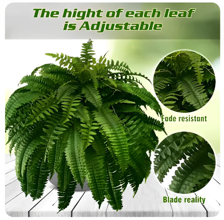 Beautiful fake Boston fern, lifelike and UV resistant. Enhance any space, indoor or outdoor, with faux greenery.