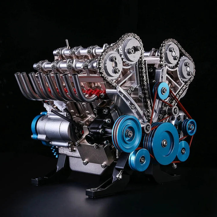 Stylish metal engine block ornament, a sophisticated V8 desk accessory for collectors & auto fans.