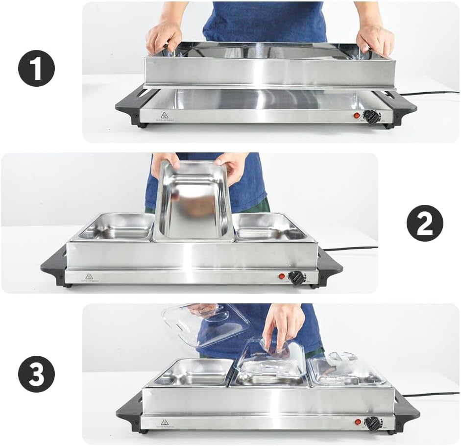 Electric buffet warmer for catering, features three removable stainless steel serving trays