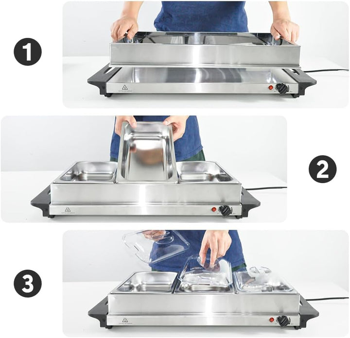 Electric buffet warmer for catering, features three removable stainless steel serving trays