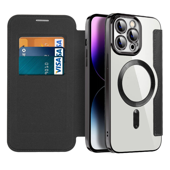 Magnetic leather flip case, RFID blocking, transparent back, phone stand feature.