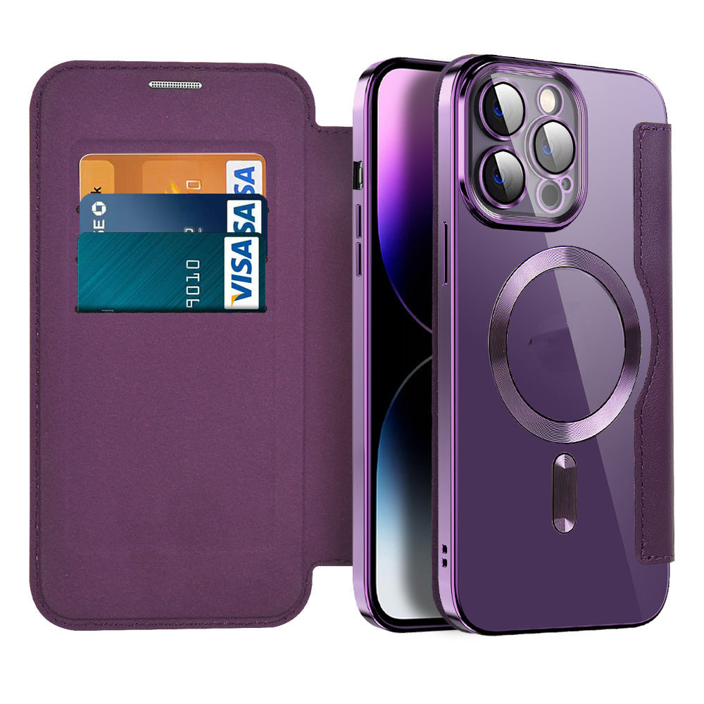 Premium leather flip cover, magnetic closure, shockproof, RFID protected.