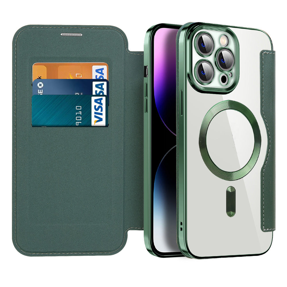 RFID protection flip case, wireless charging compatible, genuine leather exterior.