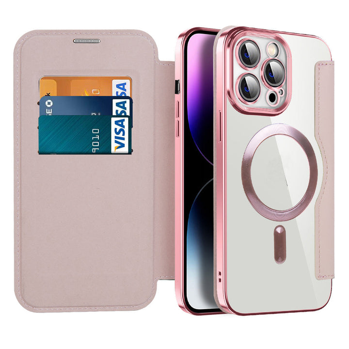 Tan leather magnetic flip case with RFID blocking & shockproof design for phone.