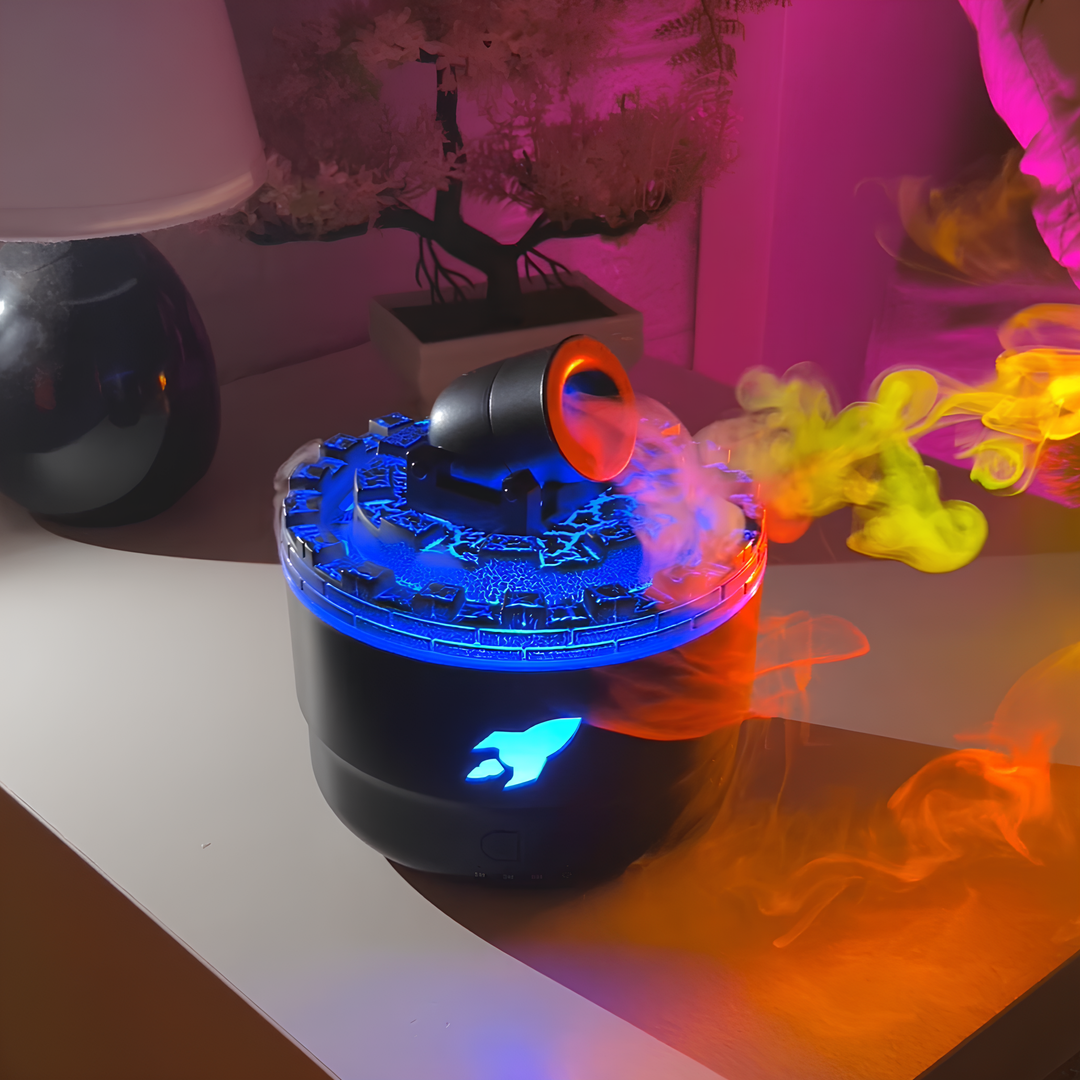 Creative cannon-shaped VaporBlast humidifier with silent USB operation and soft LED lighting