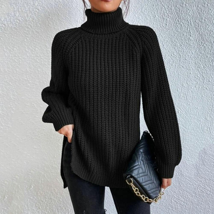 Stylish women's turtleneck knit jumper. Velmora long sleeve sweater, ideal for cozy winter fashion and comfort.