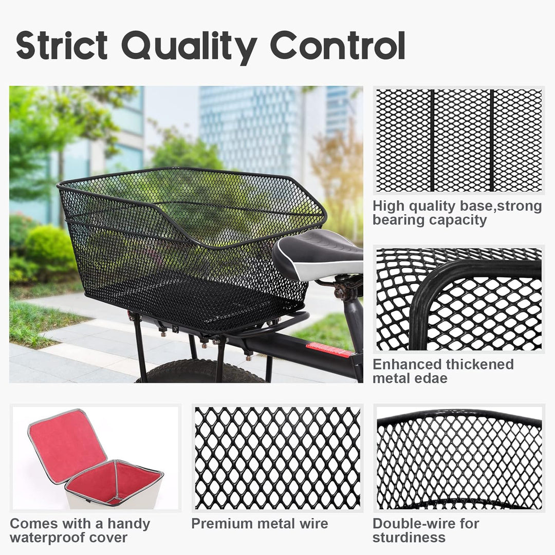 Velora rear bike basket with rain cover attached, demonstrating secure fit for cycling