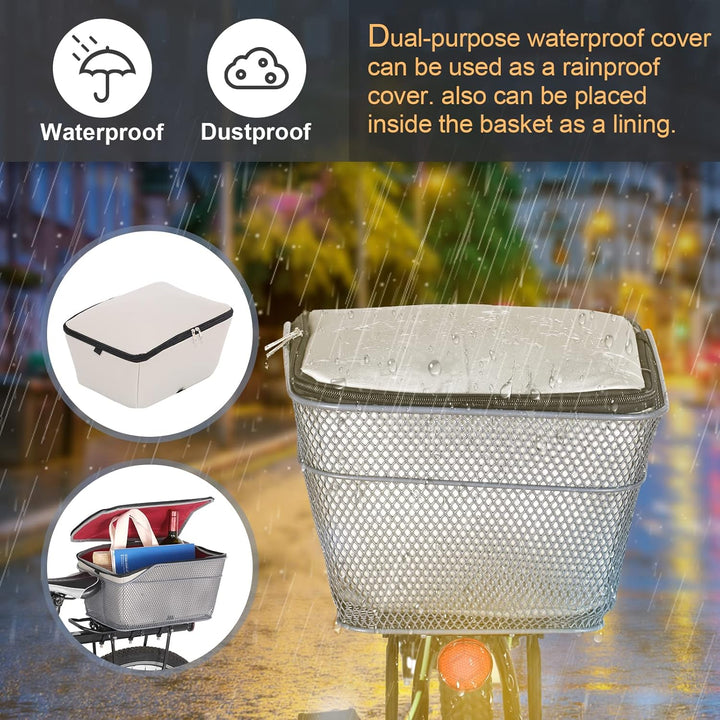 Velora rear bicycle pet carrier basket with rain cover, offering a safe and dry ride for small animals