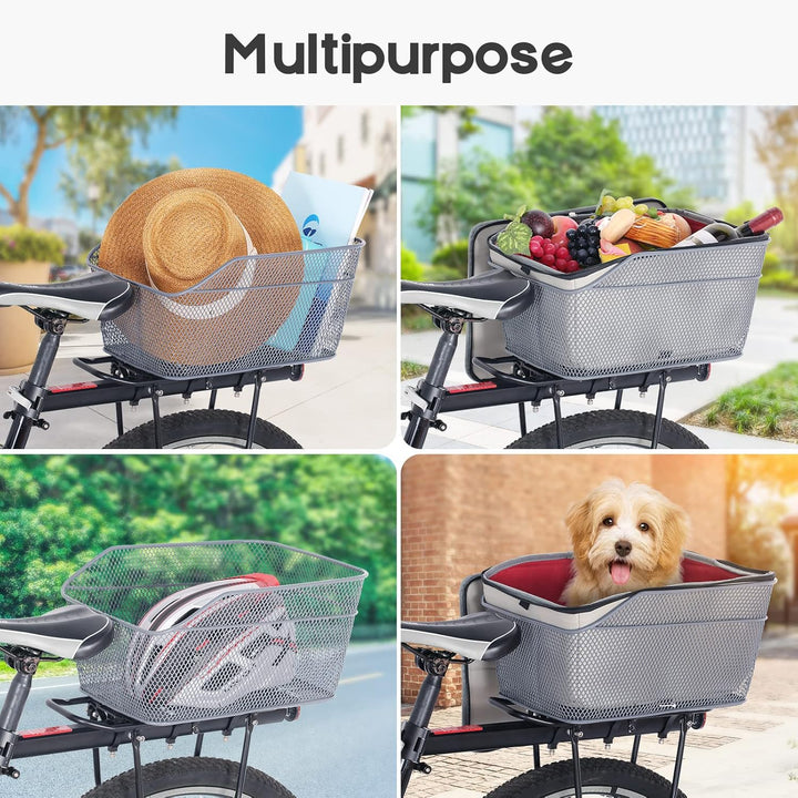 Side view of the Velora rear bike basket and rain cover, highlighting its spacious design for storage
