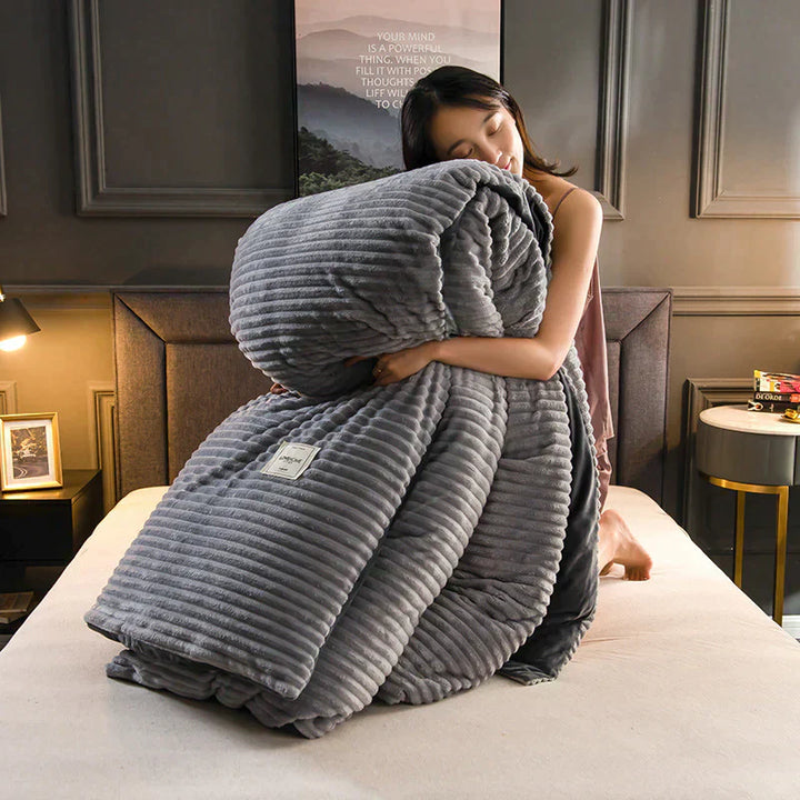 Velvety fleece duvet cover set in a bedroom, cozy, warm, and soft for winter sleep.