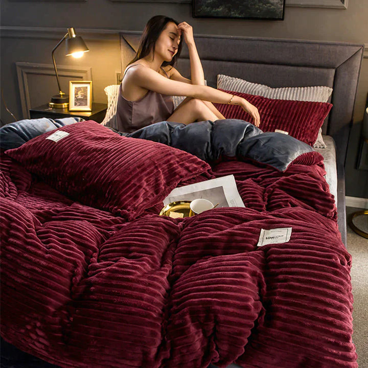 Velvety soft fleece duvet cover in a neutral color, suitable for various bedroom decor styles.