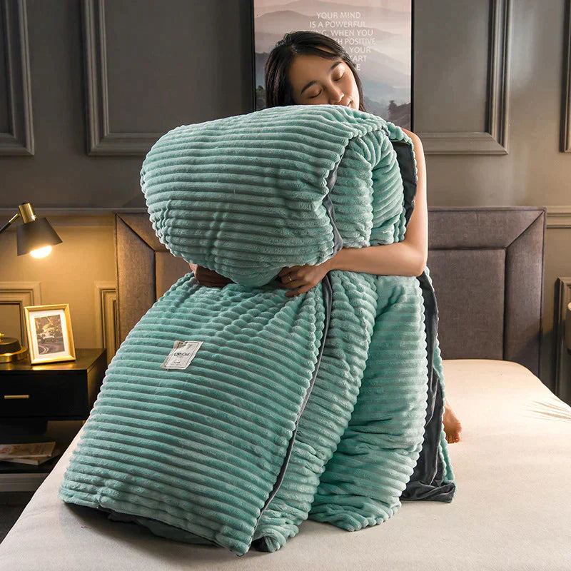 Folded velvety fleece duvet cover, ready for cozy sleep, easy care home textiles.