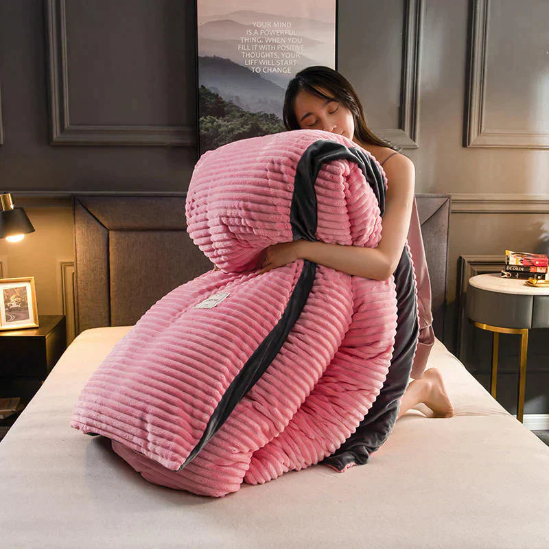 Velvety soft fleece duvet cover draped over a bed, inviting and warm for a comfortable night.