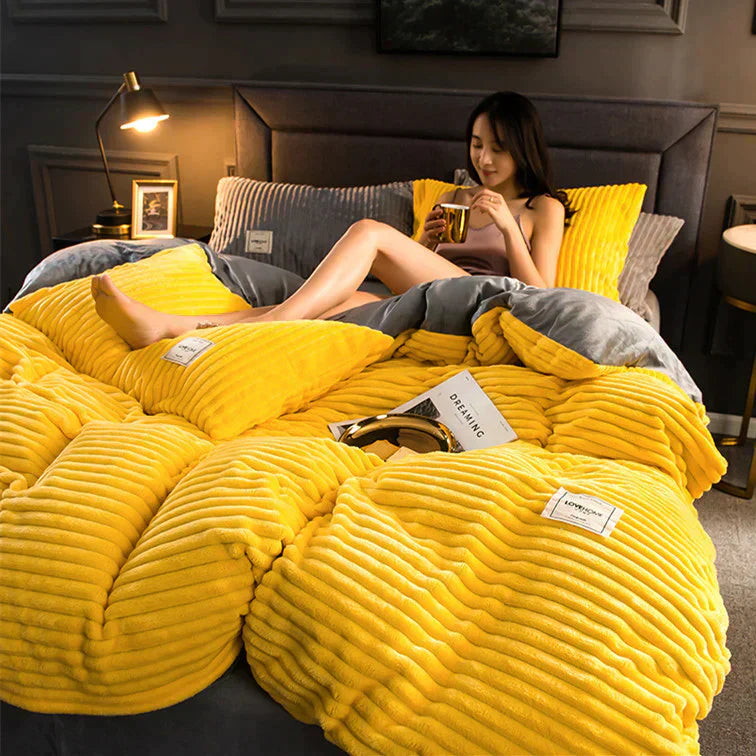 Packaged velvety fleece duvet cover set, ready to bring warmth and style to home textiles.