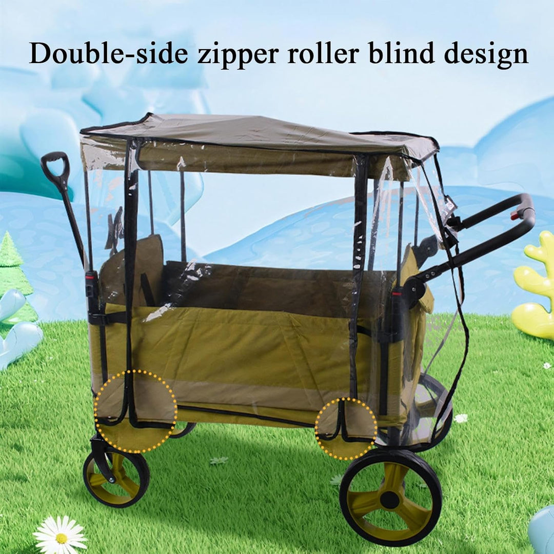 Clear protective canopy for a double stroller, safeguarding kids from rain and wind