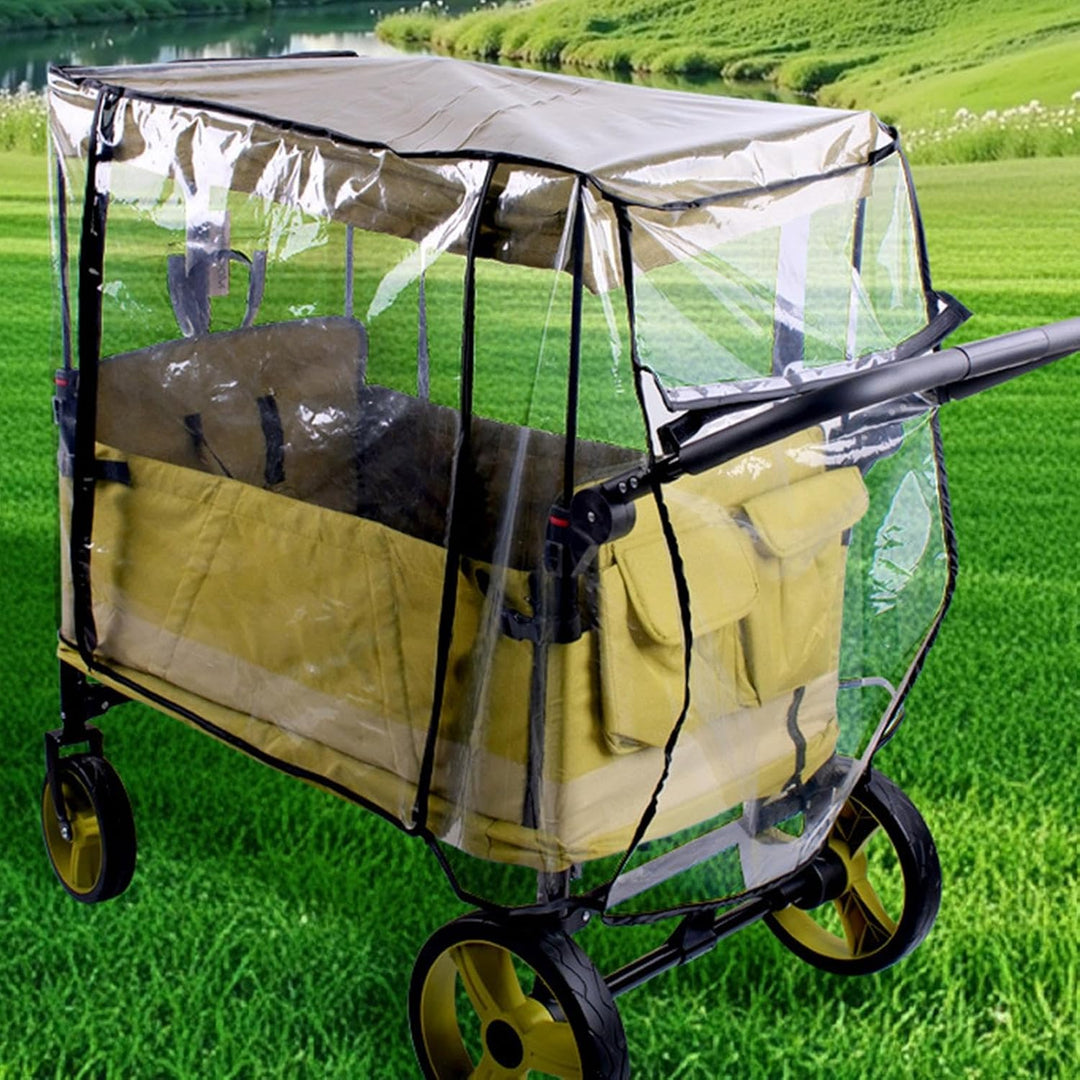 Stroller cover protecting children in a 4-seat cart from rain and elements effectively
