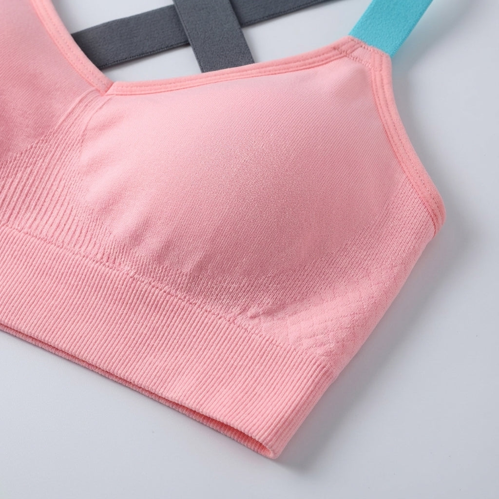 Close-up of Veronica seamless racerback sports bra, showing fabric texture and supportive fit