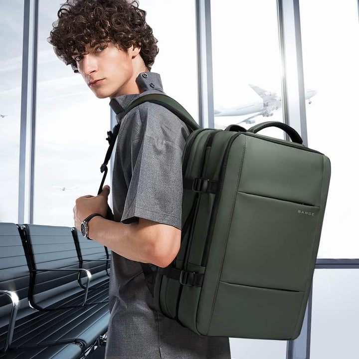 Versatile 45L waterproof travel backpack with laptop sleeve, front view, in black with anti-theft design.
