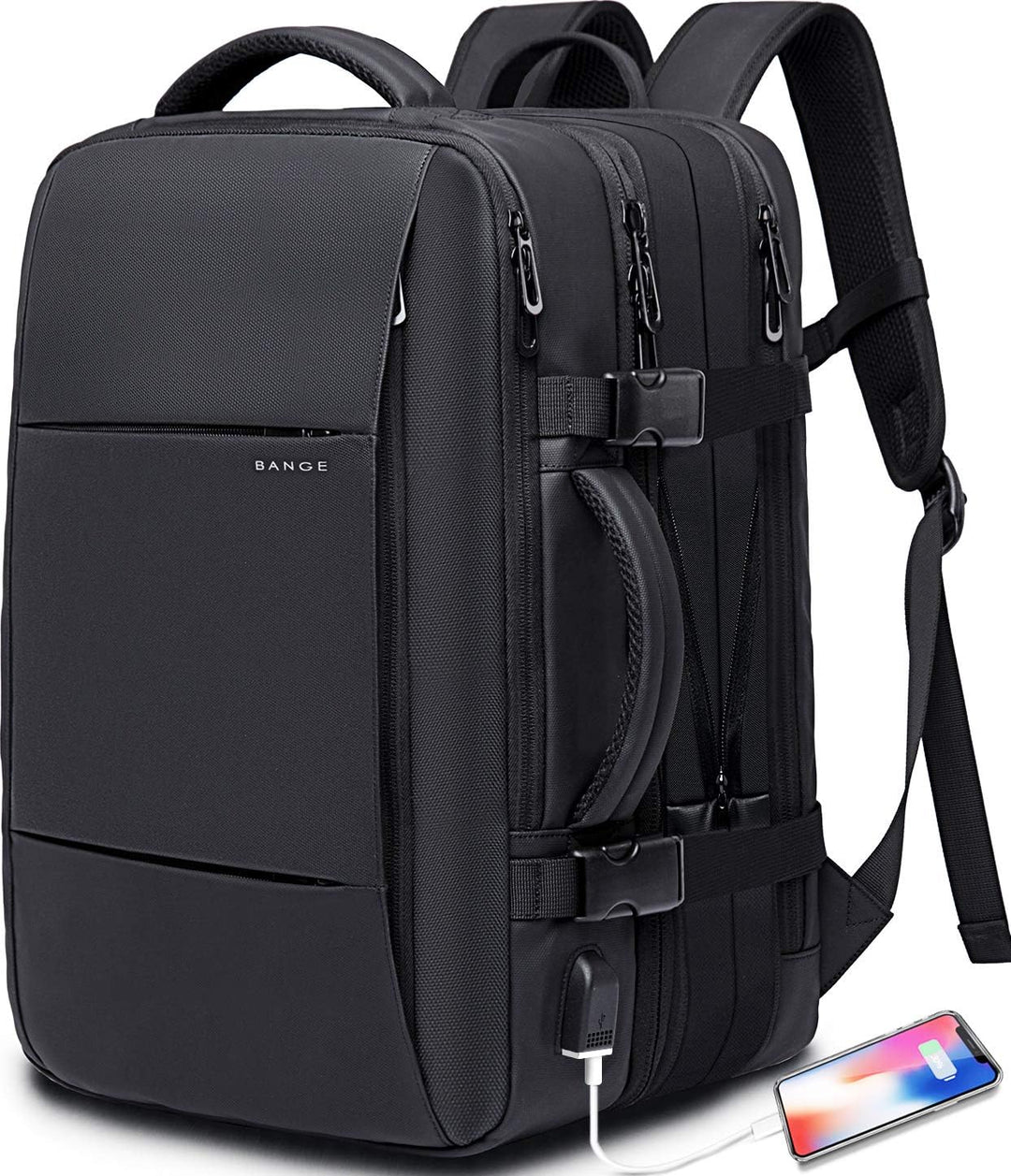 Anti-theft 45L travel luggage, in airport terminal, showcasing sleek design and travel readiness.