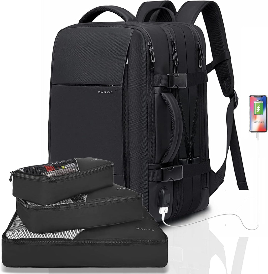 Expandable 45L travel backpack, interior view, showing multiple compartments for organized packing.