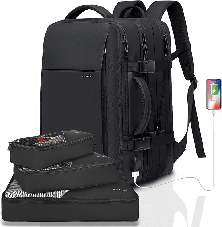 Expandable 45L travel backpack, interior view, showing multiple compartments for organized packing.