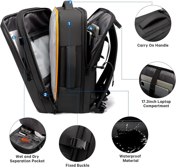 Anti-theft 45L travel backpack, detail of lockable zippers for enhanced security of valuables.