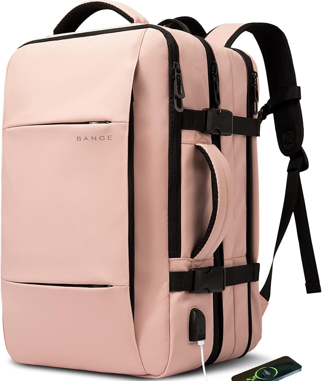 Versatile 45L waterproof travel backpack, shown next to a suitcase to compare luggage capacity.